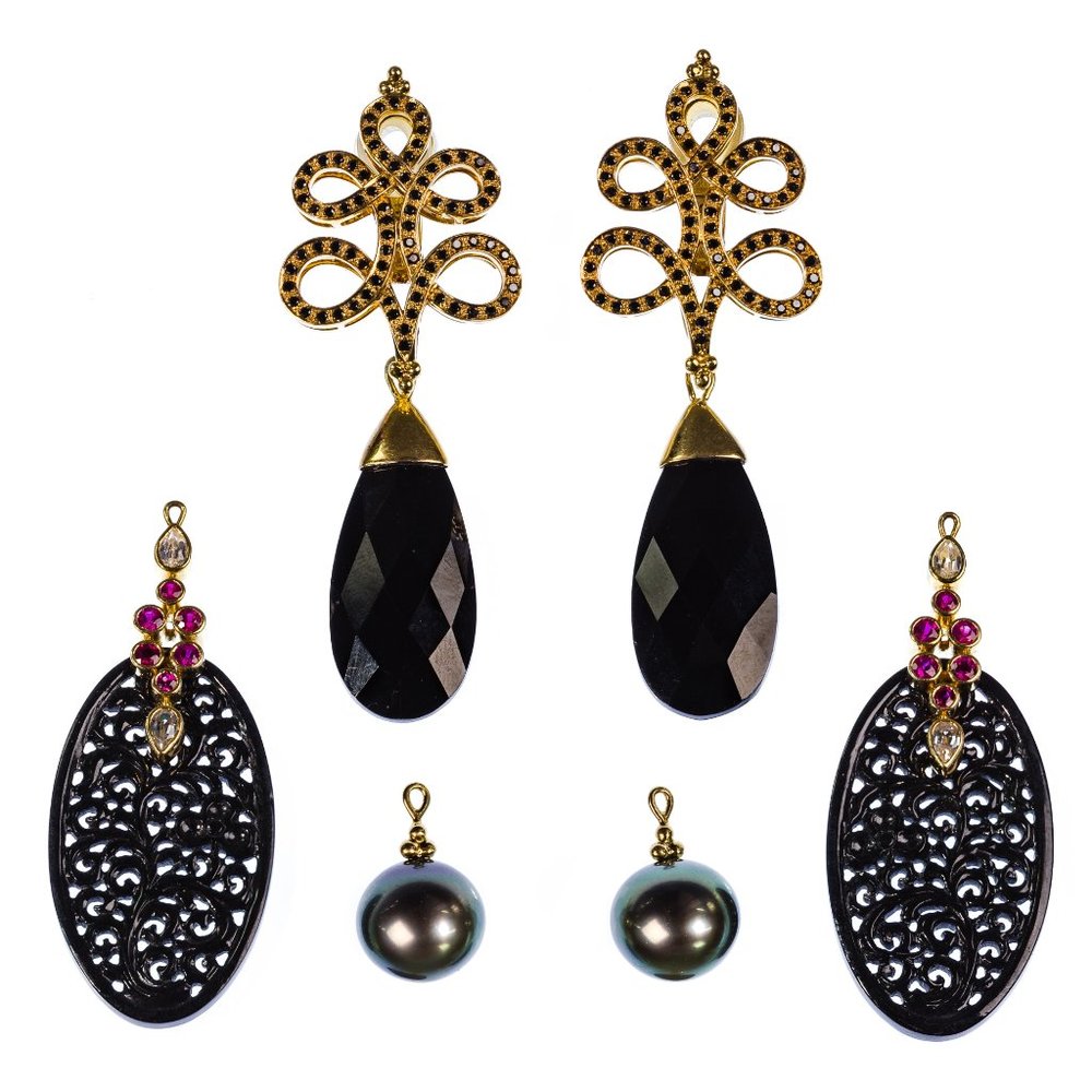 Paula Crevoshay 18k Yellow Gold and Gemstone interchangeable Clip-on Earring Set